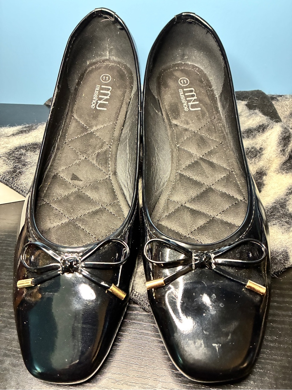 Musshoe Black Patent Leather Bow-Trim Ballet Flats